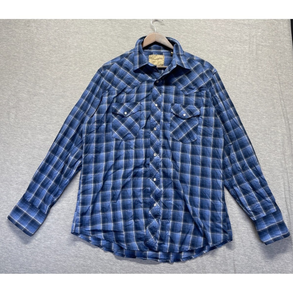 Wrangler Western Shirt Mens Large Blue Black Plaid Cotton Pearl Snap Up Cowboy